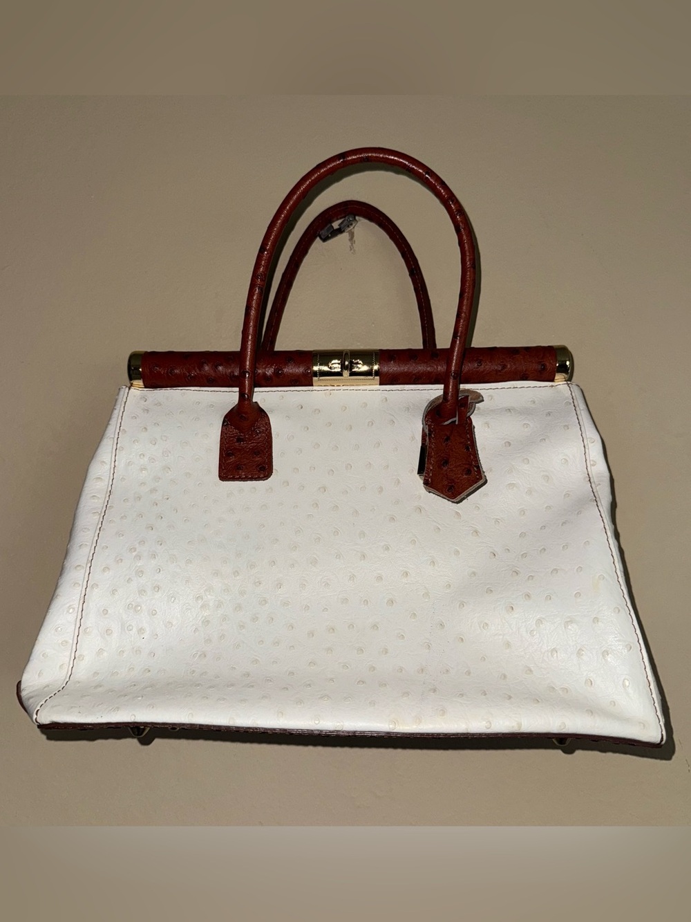 Genuine Leather Borse In Pelle Italy Ostrich White Brown Handbag